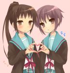  blush cardigan genderswap heart heart_hands heart_hands_duo hijikini kyonko nagato_yuki ponytail purple_hair school_uniform suzumiya_haruhi_no_yuuutsu 