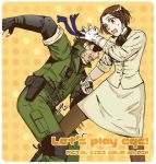 brown_eyes brown_hair gloves groin_kick gun kick kicking metal_gear metal_gear_solid metal_gear_solid_3 metal_gear_solid_portable_ops naked_snake pantyhose para-medic_(mgs3) short_hair sleeves_rolled_up source_request tamakeri weapon