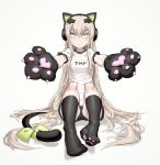  1girl alma01 animal_ears bangs black_legwear black_shorts blush breasts cat_ear_headphones cat_ears cat_girl cat_tail character_name closed_mouth clothes_writing commentary_request crying crying_with_eyes_open girls_frontline gloves green_eyes grey_background hair_between_eyes headphones highres kneehighs light_brown_hair light_frown long_hair no_shoes outstretched_arm paw_gloves paws shirt short_shorts short_sleeves shorts small_breasts soles solo tail tears tmp_(girls_frontline) very_long_hair white_background white_shirt 