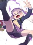 1girl :d bike_shorts blazer blurry chinese_commentary commentary_request depth_of_field domino_mask fangs holding holding_weapon inkling jacket looking_at_viewer mask nintendo open_mouth purple_hair school_uniform shorts shorts_under_skirt smile solo splatoon splatoon_(series) tentacle_hair toku_(ke7416613) v-shaped_eyebrows violet_eyes weapon 