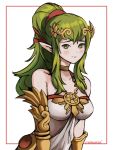  1girl absurdres bare_shoulders blush breasts chiki choker closed_mouth collarbone commentary cosplay crown dragon_girl dress elf english_commentary fire_emblem fire_emblem:_kakusei fire_emblem:_mystery_of_the_emblem gold_choker green_eyes green_hair hair_ornament hair_ribbon headpiece highres intelligent_systems jewelry kid_icarus kid_icarus_uprising light_smile long_hair looking_at_viewer mamkute manakete medium_breasts nintendo open_eyes palutena palutena_(cosplay) pointy_ears ponytail ribbon smile solo sora_(company) strapless strapless_dress super_smash_bros. super_smash_bros._ultimate the_kingduke twitter_username white_background white_dress 