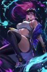  1girl akali asymmetrical_legwear bare_shoulders baseball_cap black_footwear black_gloves blue_eyes bracelet breasts choker commentary earrings english_commentary fingerless_gloves from_below gloves hat idol jacket jewelry k/da_(league_of_legends) k/da_akali league_of_legends long_hair looking_at_viewer midriff necklace paint pant parted_lips phamoz ponytail purple_hair purple_jacket sidelocks solo thighs white_crop_top 