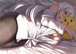  1girl absurdres azur_lane bed_sheet bird black_legwear breasts cleavage collared_shirt eyebrows_visible_through_hair graf_zeppelin_(azur_lane) highres large_breasts long_hair looking_at_viewer lying off_shoulder on_side open_mouth pantyhose partially_unbuttoned red_eyes shirt silver_hair solo white_shirt yamanokami_eaka 