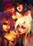  4girls \m/ absurdres ahri akali animal_ears baseball_cap blue_eyes breasts choker cleavage close-up commentary english_commentary evelynn eyelashes eyeliner eyeshadow fingernails fox_ears group_picture hat heart heart_choker highres k/da_(league_of_legends) k/da_ahri k/da_akali k/da_evelynn k/da_kai&#039;sa kai&#039;sa league_of_legends lips lipstick long_fingernails looking_at_viewer makeup medium_breasts monori_rogue multiple_girls nail_polish nose one_eye_closed open_mouth parted_lips pink-tinted_eyewear pink_hair purple_hair red_eyes round_eyewear small_breasts sunglasses thick_eyebrows upper_body v violet_eyes whisker_markings yellow_eyes 