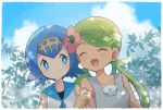  2girls blue_eyes blue_hair blush creatures_(company) eyes-closed flower game_freak green_hair hair_flower hair_ornament mallow_(pokemon) mei_(maysroom) multiple_girls nintendo pokemon pokemon_(anime) pokemon_sm_(anime) suiren_(pokemon) 