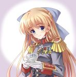  1girl blonde_hair blue_eyes bow cup epaulettes formal gloves hair_bow high_collar highres holding long_hair longmei_er_de_tuzi looking_at_viewer medal military military_uniform original simple_background solo teacup uniform upper_body white_gloves 