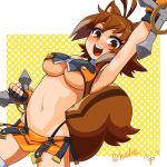  1girl animal_ears arm_up bare_shoulders blazblue blush breasts brown_eyes brown_hair fingerless_gloves gloves hida_naria large_breasts looking_at_viewer makoto_nanaya microskirt multicolored_hair navel open_mouth orange_skirt revealing_clothes short_hair skirt smile solo squirrel_ears squirrel_girl squirrel_tail tail tonfa two-tone_hair under_boob weapon 