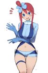  1girl :d blue_eyes blush breasts creatures_(company) fuuro_(pokemon) game_freak gloves greatmosu gym_leader hair_bun hair_ornament highres large_breasts midriff navel nintendo open_mouth pilot_suit pokemon pokemon_(game) pokemon_bw redhead short_shorts shorts smile 