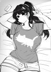  1girl absurdres bed black_eyes black_hair blush breasts cat hairband highres komi-san_wa_komyushou_desu komi_shouko large_breasts long_hair looking_at_viewer lying osiimi shirt short_shorts shorts t-shirt white_background 