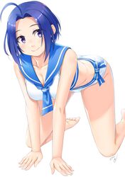  1girl ahoge all_fours barefoot bikini blue_eyes blue_hair blue_neckwear blue_sailor_collar breasts cleavage collarbone idolmaster idolmaster_(classic) large_breasts looking_at_viewer medium_breasts miri_(ago550421) miura_azusa sailor_bikini sailor_collar sailor_swimsuit_(idolmaster) shiny shiny_hair short_hair signature simple_background smile soles solo swimsuit white_background white_bikini 