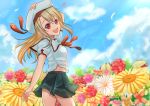  1girl :d black_skirt blue_sky clouds day fate/kaleid_liner_prisma_illya fate_(series) field flower flower_field hand_on_headwear hat head_tilt highres illyasviel_von_einzbern kuroneko_w1nter looking_at_viewer miniskirt neck_ribbon open_mouth outdoors pink_flower pleated_skirt red_eyes red_flower red_ribbon red_rose ribbon rose shirt short_sleeves skirt sky smile solo standing white_flower white_hat white_shirt yellow_flower 