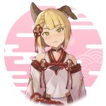  1girl animal_ears bangs bare_shoulders blonde_hair blush braid breasts breath collarbone detached_sleeves dog_ears empty_eyes erune eyebrows_visible_through_hair granblue_fantasy green_eyes head_tilt hinami_(hinatamizu) looking_at_viewer parted_bangs rope shimenawa short_hair single_braid small_breasts solo upper_body vajra_(granblue_fantasy) 