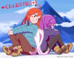  ahoge artist_name badeline blue_coat blush_stickers boots brown_eyes brown_pants canadian_flag celeste_(video_game) closed_mouth clouds commentary copyright_name dated del glowing glowing_hair highres japanese_flag legs_crossed long_hair looking_back madeline_(celeste) mountain number orange_hair outdoors own_hands_together pants profile purple_coat purple_hair red_sclera sitting sky smile very_long_hair 