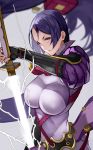  1girl absurdres armor blurry blurry_background bracer breasts fate/grand_order fate_(series) fingerless_gloves fingernails gloves highres hime_cut katana large_breasts lightning long_hair minamoto_no_raikou_(fate/grand_order) puffy_sleeves purple_hair solo sword violet_eyes weapon yoshi55level 