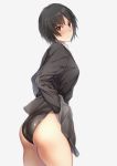  1girl amagami ass black_hair black_jacket black_swimsuit blush competition_swimsuit cowboy_shot grey_background grey_skirt jacket kibito_high_school_uniform looking_at_viewer nanasaki_ai nozomi-y one-piece_swimsuit school_uniform short_hair simple_background skirt skirt_lift solo standing swimsuit swimsuit_under_clothes 