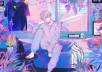  1boy barefoot bed black_nails blinds blue_eyes character_name jewelry leaf looking_to_the_side luz_(niconico) male_focus nail_polish necklace niconico one_eye_covered pants pastel_colors pillow plant ritsuno_ananda silver_hair sitting solo sweatpants sweatshirt toenail_polish 