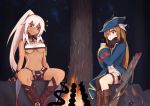  2girls azur_lane blonde_hair bodypaint boots breasts commentary cross-laced_footwear cup dark_skin dog eyebrows_visible_through_hair facepaint fire hat high_ponytail holding holding_cup hunter_(azur_lane) lace-up_boots leather leather_boots long_hair marshall2033 medium_breasts minneapolis_(azur_lane) multiple_girls navel night red_eyes scarf shorts sitting skewer smile snake sparkle spread_legs sweatdrop thigh_strap torpedo_launcher tree trench_coat tricorne under_boob white_hair white_shorts 