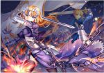  2girls ahoge armor armored_dress artoria_pendragon_(all) banner black_legwear blonde_hair blue_dress blue_ribbon braid braided_ponytail chains dress excalibur fate/grand_order fate_(series) faulds floating_hair gauntlets hair_ribbon headpiece holding holding_sword holding_weapon jeanne_d&#039;arc_(fate) jeanne_d&#039;arc_(fate)_(all) long_hair multiple_girls ribbon saber single_braid sky standing star_(sky) starry_sky sword thigh-highs very_long_hair weapon ying_yue 