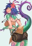1girl :p aori_sora ass bare_shoulders blonde_hair breasts crop_top flower hair_flower hair_ornament half-closed_eyes highres jewelry league_of_legends lizard_tail looking_at_viewer looking_back midriff monster_girl necklace neeko_(league_of_legends) short_hair shorts skirt skirt_lift solo strap_slip tail tail_raised tongue tongue_out yellow_eyes