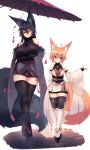  2girls absurdres ahoge animal_ear_fluff animal_ears bare_shoulders bike_shorts black_hair black_legwear blonde_hair blush breasts closed_eyes detached_sleeves elbow_gloves eyebrows_visible_through_hair facing_viewer fox_ears fox_tail gloves hair_between_eyes hair_ornament hairclip highres huge_breasts japanese_clothes kiri_(sub-res) large_tail long_hair looking_to_the_side multiple_girls obi original red_eyes sash short_hair smile sub-res suzu_(sub-res) tail thigh-highs walking white_background 