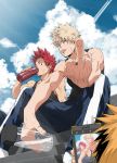  2boys bakugou_katsuki blonde_hair blue_sky boku_no_hero_academia bottle drinking gym_uniform kaminari_denki kirishima_eijirou looking_at_viewer male_focus middle_finger multiple_boys red_eyes redhead sky spiky_hair sweat taking_picture tongue tongue_out water_bottle 