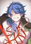  1boy absurdres arisugawa_dice blue_hair blush clenched_teeth grey_background hair_over_one_eye highres hypnosis_mic jacket long_hair male_focus open_clothes open_jacket ponytail pov protected_link red_rope rope shibari shirtless simple_background surprised sweatdrop teeth tsubasa_(artist) upper_body 