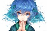  1girl blue_eyes blue_hair commentary_request drill_hair eyebrows eyelashes green_kimono hair_between_eyes hands_together head_fins houdukixx japanese_clothes kimono liquid_hair looking_at_viewer mermaid monster_girl smile solo touhou wakasagihime 