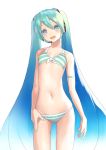  1girl aqua_hair aqua_nails arm_garter bikini blue_eyes blue_hair breasts gradient_hair hatsune_miku headset highres long_hair looking_at_viewer multicolored_hair nail_polish navel open_mouth rsk_(tbhono) simple_background small_breasts solo standing striped striped_bikini swimsuit twintails very_long_hair vocaloid white_background 