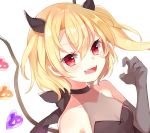  1girl :d alternate_costume bangs bare_shoulders black_choker black_dress blonde_hair breasts choker cleavage collarbone commentary_request crystal dress eyebrows_visible_through_hair fangs flandre_scarlet gloves grey_gloves hair_between_eyes hand_up heart horns long_hair looking_at_viewer no_hat no_headwear one_side_up open_mouth paragasu_(parags112) pointy_ears red_eyes see-through simple_background sleeveless sleeveless_dress small_breasts smile solo touhou upper_body white_background wings 