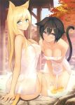  2girls absurdres animal_ears arm_support autumn_leaves bangs bare_shoulders bath blonde_hair blue_eyes blush breasts brown_hair cat_ears cat_tail cleavage collarbone covered_nipples day eyebrows_visible_through_hair fingernails highres leaf long_hair looking_at_viewer looking_back maple_leaf medium_breasts multiple_girls naked_towel onsen outdoors parted_lips rubber_duck scan shiny shiny_hair shiny_skin sitting smile steam tail tanaka_takayuki thighs toranoana towel toy violet_eyes wading water 