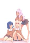  3girls :d akinbo_(hyouka_fuyou) barefoot bent_over blue_hair brown_shirt brown_skirt chloe_von_einzbern crossed_arms dark_skin fate/kaleid_liner_prisma_illya fate_(series) full_body hair_ornament highres illyasviel_von_einzbern long_hair long_sleeves looking_at_viewer miniskirt miyu_edelfelt multiple_girls neck_ribbon open_mouth orange_eyes panties pink_hair pleated_skirt red_eyes ribbon sailor_collar shirt short_hair side_ponytail silver_hair simple_background sitting skirt smile standing underwear white_background white_panties white_sailor_collar yellow_eyes 