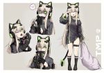  1girl :d ;o alma01 animal_ears bangs black_gloves black_jacket black_legwear bow breasts cat_ear_headphones cat_ears cat_girl cat_paws cat_tail character_name commentary_request eyebrows_visible_through_hair fake_animal_ears fang girls_frontline gloves green_bow green_eyes grey_background hair_between_eyes half_gloves headphones heart highres holding holding_knife holding_pillow jacket kneehighs knife light_brown_hair long_hair looking_at_viewer medium_breasts multiple_views no_shoes one_eye_closed open_mouth paw_gloves paws pillow ribbon sidelocks simple_background sleepy smile spoken_heart standing tail tail_bow thigh_strap tmp_(girls_frontline) two-tone_background very_long_hair white_background yandere yawning 