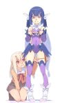  2girls akinbo_(hyouka_fuyou) blue_hair boots bow brown_footwear brown_ribbon brown_skirt covered_navel detached_sleeves fate/kaleid_liner_prisma_illya fate_(series) hair_bow highres illyasviel_von_einzbern index_finger_raised kneehighs leotard loafers long_hair long_sleeves looking_down looking_up miyu_edelfelt multiple_girls neck_ribbon orange_shirt pleated_skirt purple_leotard purple_sleeves red_eyes ribbon sailor_collar school_uniform shirt shoes silver_hair simple_background skirt standing standing_on_one_leg sweatdrop thigh-highs thigh_strap twintails white_background white_bow white_footwear white_sailor_collar 