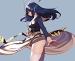 1girl ahoge ass bangs blue_background blue_hair breasts closed_eyes cowboy_shot dress hairband holding holding_sword holding_weapon long_hair long_sleeves looking_down medium_breasts orie_(under_night_in-birth) profile simple_background skindentation solo standing suwaiya sword thigh-highs under_night_in-birth weapon white_hairband white_legwear 