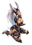  1girl animal_ears black_nails breasts brown_eyes cleavage dark_skin female final_fantasy final_fantasy_xii fran full_body gauntlets greaves helmet high_heels highres homare_(fool&#039;s_art) large_breasts long_hair looking_at_viewer nail_polish parted_lips ponytail rabbit_ears revealing_clothes simple_background sitting solo very_long_hair viera wariza white_background white_hair 