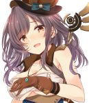 1girl :d amidada bangs bare_shoulders blue_ribbon blush breasts brown_eyes brown_gloves brown_hair brown_hat brown_shirt cleavage collarbone eyebrows_visible_through_hair gloves hat hat_ribbon head_tilt highres idolmaster idolmaster_shiny_colors jewelry long_hair looking_at_viewer mechanical_wings medium_breasts necklace open_mouth ribbon shirt sidelocks simple_background smile solo tsukioka_kogane under_boob upper_body white_background wing_collar wings 
