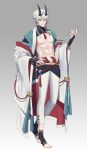  1boy abs absurdres bom_ya closed_mouth full_body gradient gradient_background hand_on_hip highres male_focus no_nipples off_shoulder pointy_ears red_eyes shirtless silver_hair smile solo tassel toned toned_male 