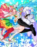  +_+ 1boy 1girl blue_eyes blue_hair boots brother_and_sister cape cure_parfait cure_waffle dezu elbow_gloves epaulettes food_themed_hair_ornament gloves green_eyes hair_ornament hand_holding highres kirahoshi_ciel kirakira_precure_a_la_mode long_hair looking_at_viewer magical_boy magical_girl open_mouth pikario_(precure) pink_hair precure siblings smile thigh-highs thigh_boots twins v white_footwear white_gloves 