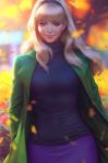  1girl bangs black_hairband blonde_hair blue_eyes blue_sweater blurry blurry_background breasts closed_mouth coat commentary english_commentary face falling_leaves flower green_coat gwen_stacy hairband highres leaf long_hair looking_at_viewer marvel medium_breasts open_clothes open_coat outdoors portrait purple_skirt skirt smile solo spider-man_(series) stanley_lau sunlight sweater turtleneck turtleneck_sweater 