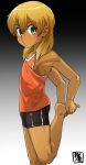  barefoot bike_shorts blonde_hair green_eyes highres inazuma_eleven inazuma_eleven_(series) kaminosaki1 leg_lift male_focus miyasaka_ryou sportswear standing standing_on_one_leg tan tank_top track_and_field 