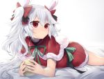  1girl animal_ears animal_print azur_lane bed_sheet bow bunny_print capelet christmas cup eyebrows_visible_through_hair fur_trim hair_between_eyes hair_bow karinto_yamada laffey_(azur_lane) lying medium_hair mug neck_ribbon on_stomach pom_pom_(clothes) rabbit_ears red_eyes ribbon santa_costume silver_hair simple_background solo steam twintails white_background 