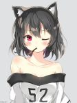  1girl animal_ears bangs bare_shoulders black_hair blush breasts cat_ears clothes_writing collarbone commentary_request food grey_background looking_at_viewer mouth_hold myuton off_shoulder one_eye_closed original pocky red_eyes sanpaku shirt short_hair simple_background solo upper_body white_shirt 