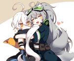  2girls aek-999_(girls_frontline) ahoge animal_ears blonde_hair blush closed_eyes dog_ears dog_tail fangs girls_frontline goggles goggles_on_head grey_hair happy hug long_hair mo_(bnh8401) multiple_girls pkp_(girls_frontline) tail tail_wagging unamused white_hair 