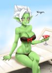  1girl bare_shoulders bikini black_bikini bow breasts collarbone commentary cup cupping_glass dragon_ball dragon_ball_super drinking_glass earrings eyebrows_visible_through_hair eyes_visible_through_hair genderswap genderswap_(mtf) green_skin grey_eyes hair_intakes jewelry large_breasts legs_crossed looking_at_viewer navel pointy_ears potara_earrings red_bow ring romaji_text short_hair sitting smile solo spiky_hair swimsuit twrlare white_hair zamasu 