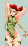  1girl 2019 90s absurdres antenna_hair armpits arms_up beret bodypaint braid breasts cammy_white commentary contrapposto cowboy_shot david_liu elbow_gloves english_commentary forehead gloves green_background green_leotard hat highleg highleg_leotard highres leotard long_hair looking_to_the_side red_gloves scar small_breasts solo standing street_fighter street_fighter_ii_(series) thick_thighs thigh_gap thighs toned twin_braids 
