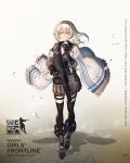  1girl armband assault_rifle bangs black_gloves black_legwear blonde_hair blush boots breasts brown_jacket brown_skirt bullpup character_name choker copyright_name eyebrows_visible_through_hair floating_hair flower full_body girls_frontline gloves gun hair_between_eyes hair_flower hair_ornament hairband heiwari_kanade hexagram highres holding holding_flower holding_gun holding_weapon iwi_tavor_x95 jacket load_bearing_equipment logo long_hair looking_at_viewer medium_breasts official_art parted_lips petals pleated_skirt rifle rose sidelocks skirt smile solo star_of_david thigh-highs thigh_strap trigger_discipline walking weapon white_flower white_rose wind x95_(girls_frontline) 