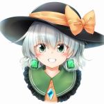  1girl :d bangs black_hat blush bow commentary_request earrings emerald_(gemstone) eyebrows_visible_through_hair eyes_visible_through_hair frilled_shirt_collar frills gem green_eyes grin hat hat_bow highres jewelry komeiji_koishi looking_at_viewer m9kndi medium_hair open_mouth orange_bow portrait silver_hair simple_background smile solo teeth touhou white_background 