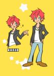  1boy ;d ahi_tb black_jacket chain chains character_name denim gold_chain hand_on_hip harryham_harry hugtto!_precure jacket jeans male_focus one_eye_closed open_mouth pants parody pop&#039;n_music precure redhead simple_background smile solo style_parody yellow_background 