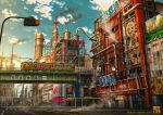  2019 akihabara_(tokyo) artist_name blue_sky building city cityscape clouds cloudy_sky commentary_request crosswalk day drainpipe fantasy ground_vehicle highres huge_filesize no_humans original outdoors road scenery sky smoke steampunk street tokyo_(city) tokyogenso train 