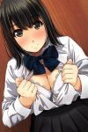  1girl bangs black_hair black_skirt blue_bow blush bow bra breasts brown_eyes cleavage closed_mouth collared_shirt commentary_request diagonal_stripes dress_shirt eyebrows_visible_through_hair fingernails hair_between_eyes highres long_sleeves looking_at_viewer matsunaga_kouyou medium_breasts nose_blush open_clothes open_shirt original pleated_skirt shirt skirt smile solo striped striped_bow underwear white_bra white_shirt 